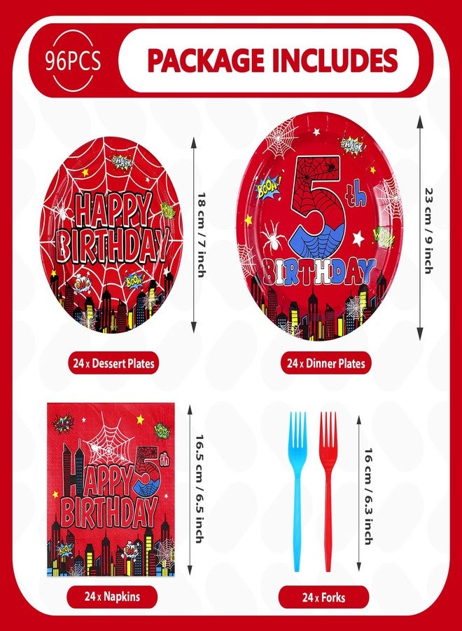 Grencian 96Pcs Cartoon Spider Birthday Party Decorations Red Blue Spider 5th Birthday Party Plates Disposable Super Theme Paper Tableware Set for Spider Kids 5 Year Old Supplies, Serves 24 - Image 3